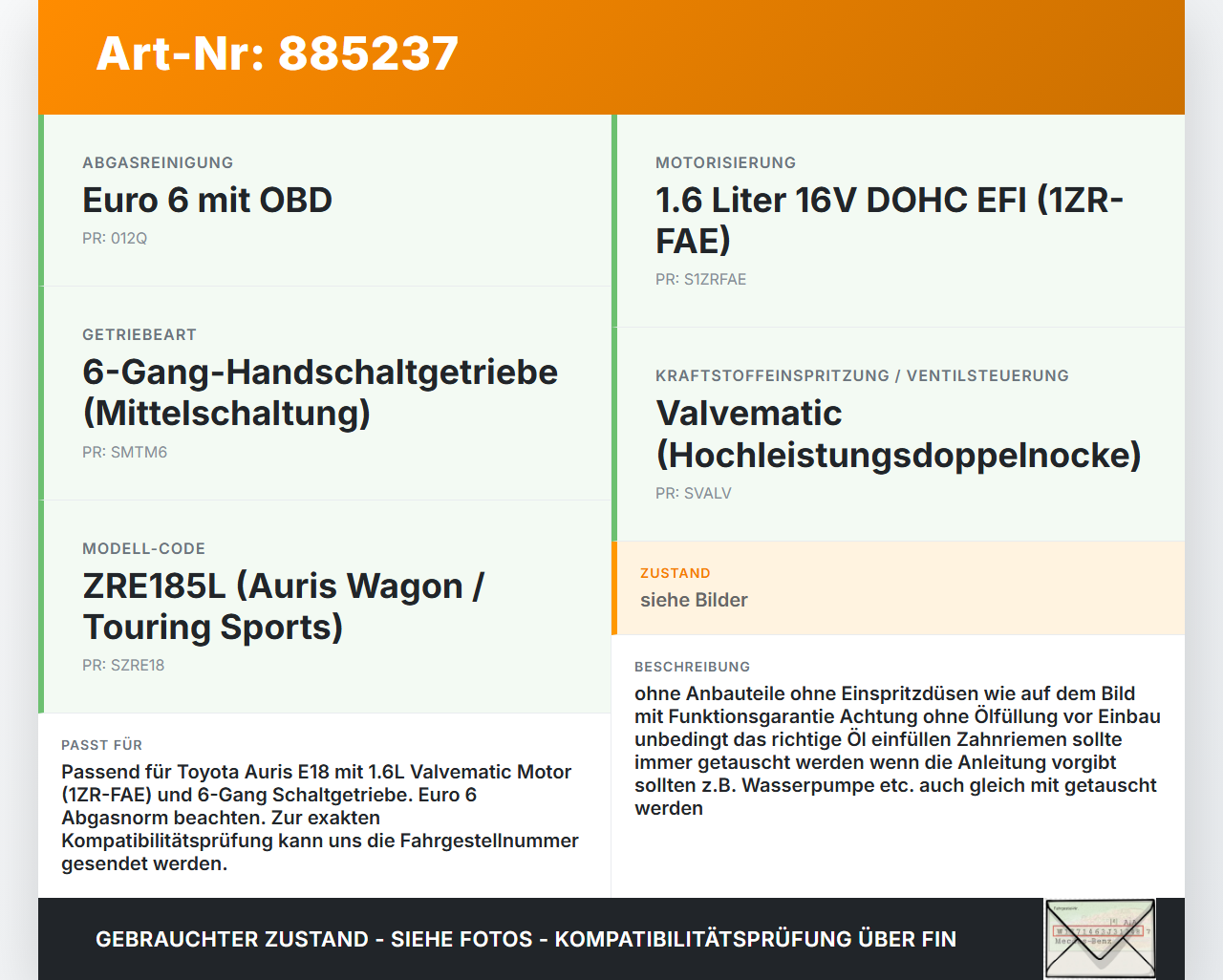 Toyota Auris E18 15-18 1,6 97KW 1ZRFAE Motor Triebwerk Toyota Auris E18 15-18 01.06.2015 190000T072 gebraucht Vorschau 3