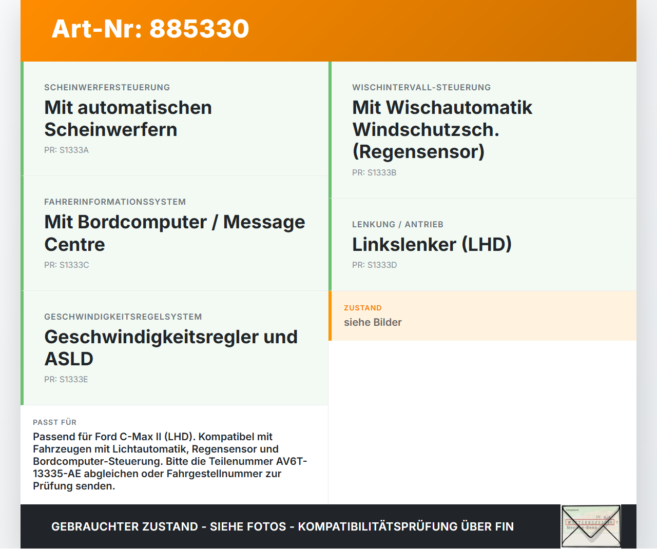 Ford C-Max II 10-15 Blinkerschalter Lenkstockschalter Blinker Ford C-Max II 10-15 20.08.2015 AV6T-13335-AE gebraucht Vorschau 3