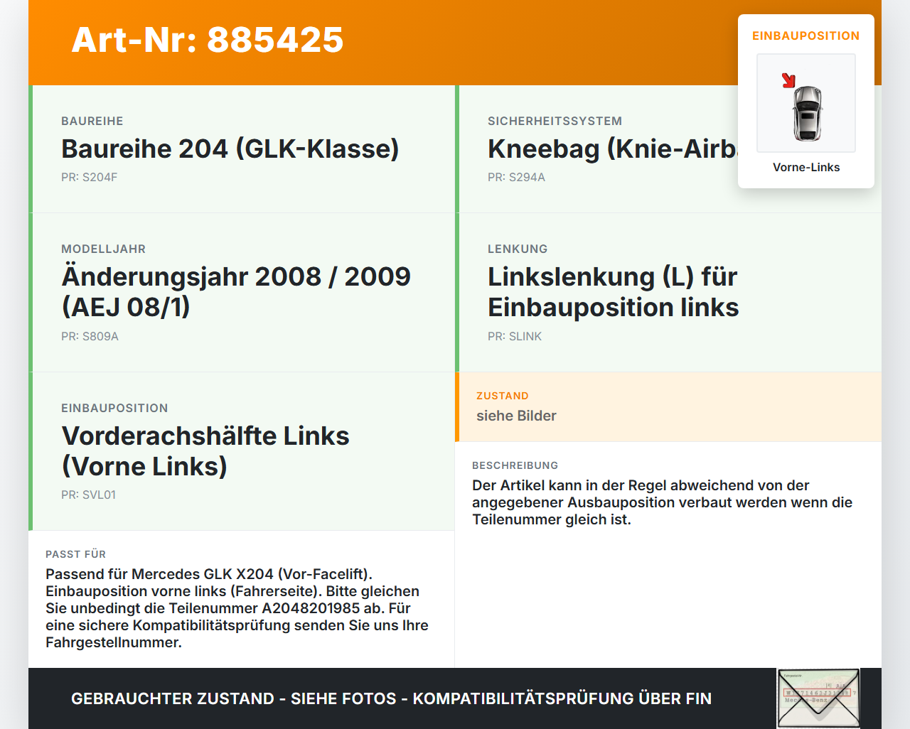 Mercedes GLK X204 320 09-12 Sensor Airbag Crashsensor Airbagsensor Vorne Links Mercedes GLK X204 320 09-12... Vorschau 3