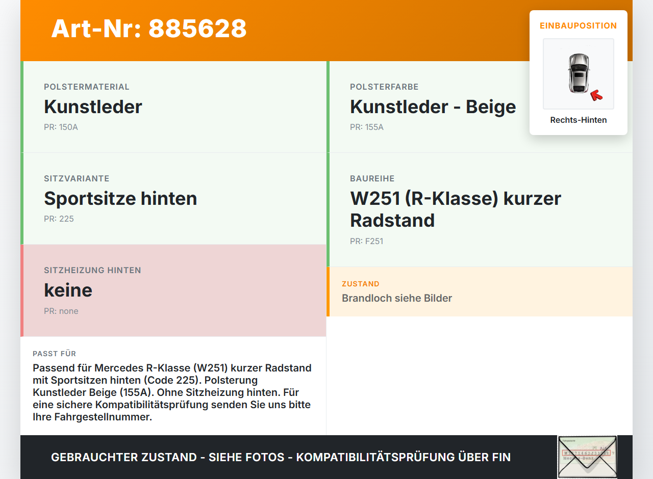 Mercedes W251 R300 10-13 Kurz Leder Sitzbezug Sitzpolster Rechts Hinten Beige Mercedes W251 R300 10-13 24.06.2011... Vorschau 3