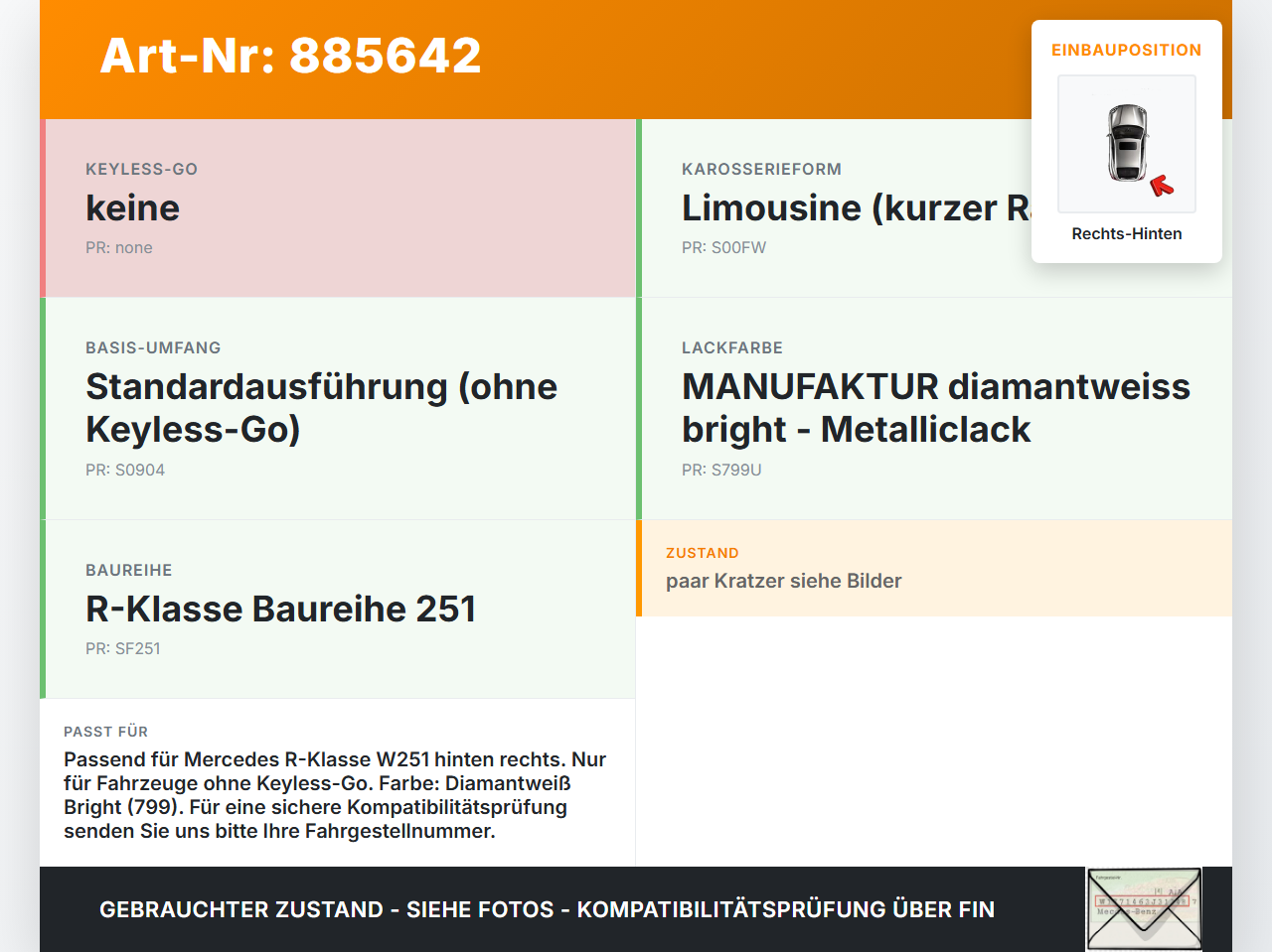 Mercedes W251 R300 10-13 Kurz Türgriff Griff aussen Rechts Hinten 799 Mercedes W251 R300 10-13 24.06.2011... Vorschau 3