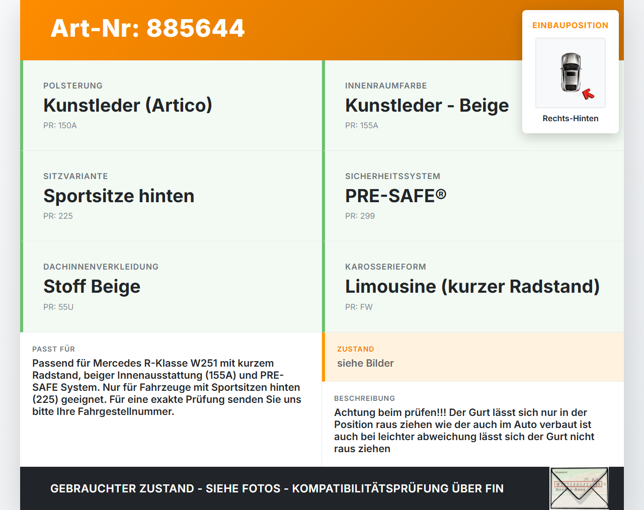 Mercedes W251 R300 10-13 Kurz Gurt Sicherheitsgurt Rechts Hinten Mitte Mercedes W251 R300 10-13 24.06.2011... Vorschau 3