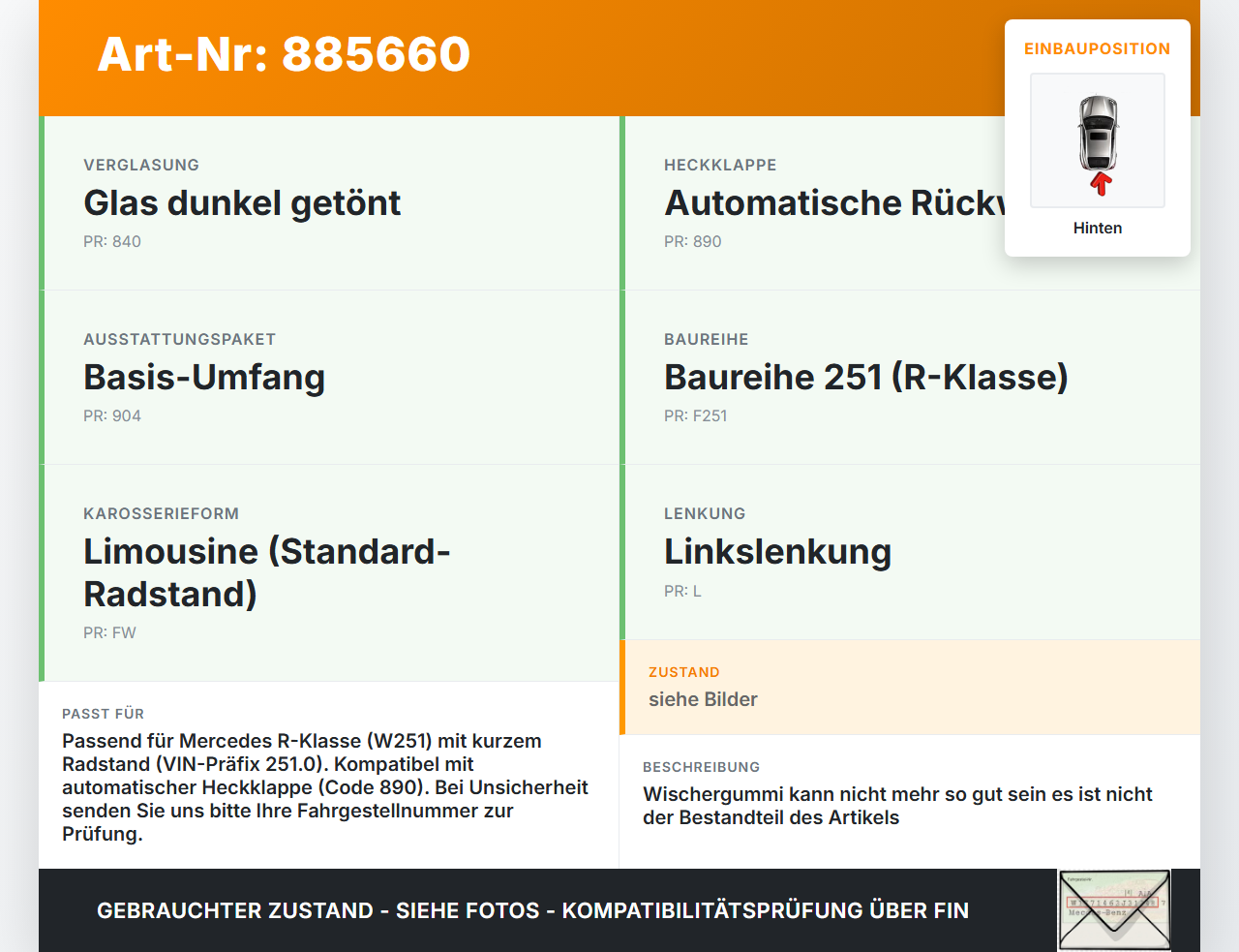 Mercedes W251 R300 10-13 Kurz Heckwischer Scheibenwischer Hinten Wischarm Mercedes W251 R300 10-13 24.06.2011... Vorschau 3