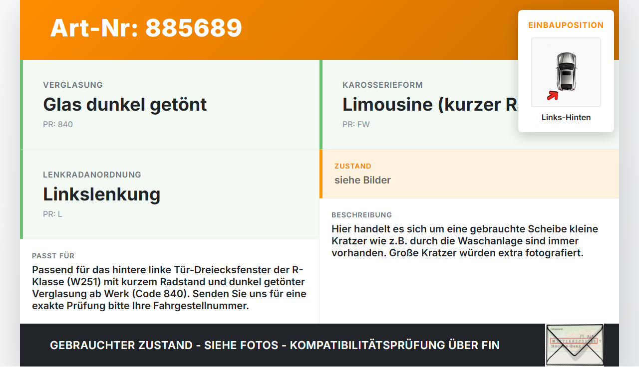 Mercedes W251 R300 10-13 Kurz LH Dreieck Seitenscheibe Links Hinten Orig. getönt Mercedes W251 R300 10-13... Vorschau 3