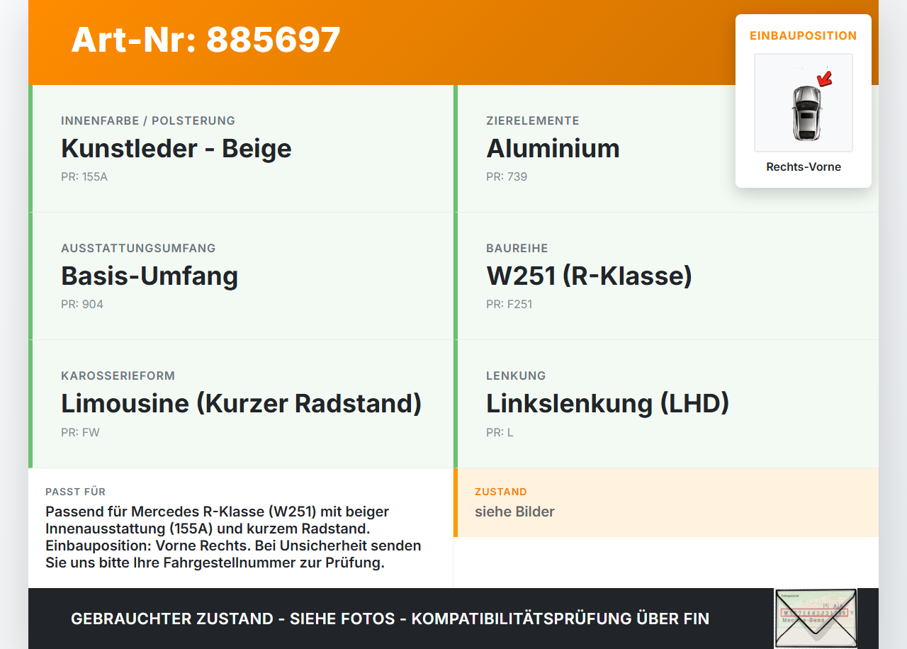 Mercedes W251 R300 10-13 Kurz Türgriff Griffmuschel Griff Innen Rechts Vorne Beige Mercedes W251 R300 10-13... Vorschau 3