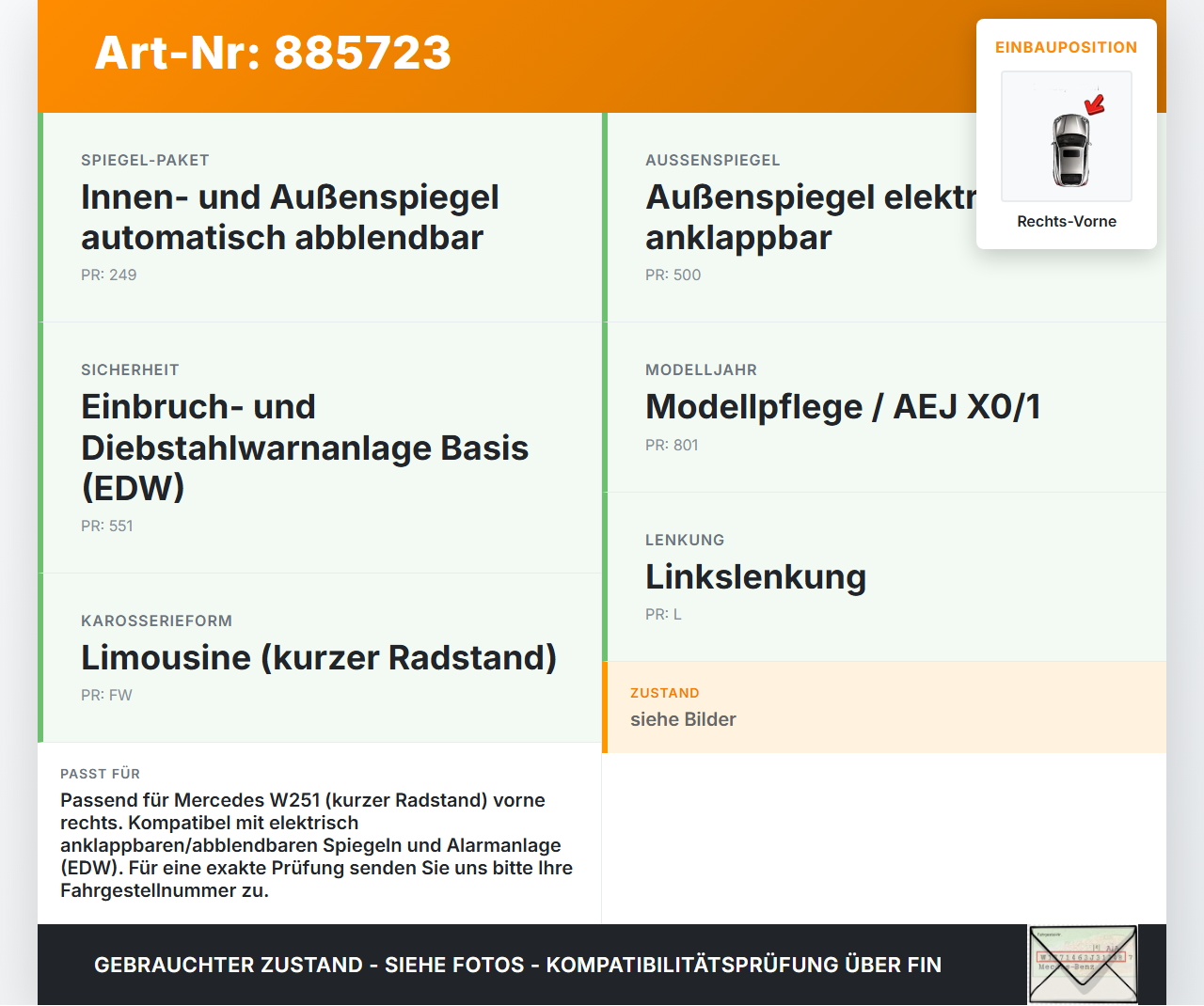 Mercedes W251 R300 10-13 Kurz Kabelbaum für Tür und Fensterheber Rechts Vorne Mercedes W251 R300 10-13 24.06.2011... Vorschau 3