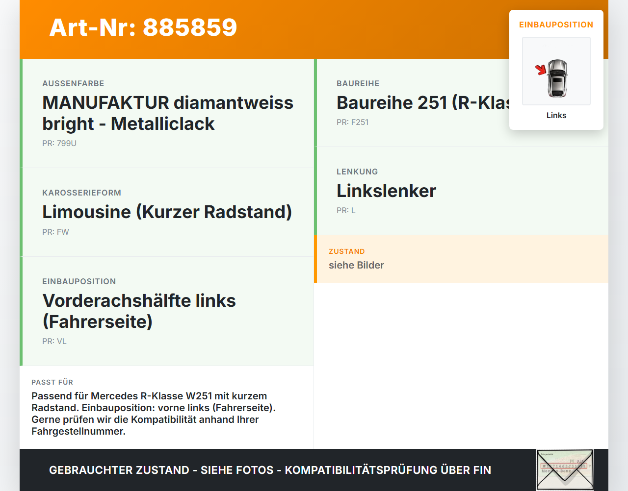 Mercedes W251 R300 10-13 Kurz Scharnier für Motorhaube Motorhaubenscharnier Links Mercedes W251 R300 10-13... Vorschau 3