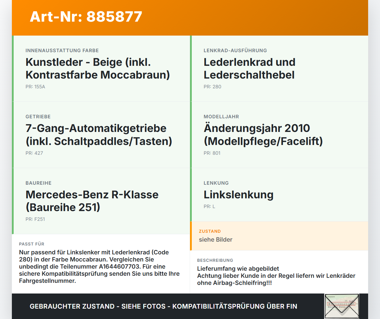 Mercedes W251 R300 10-13 Lenkrad Airbaglenkrad MOCCABRAUN Mercedes W251 R300 10-13 24.06.2011 A1644607703 gebraucht Vorschau 3