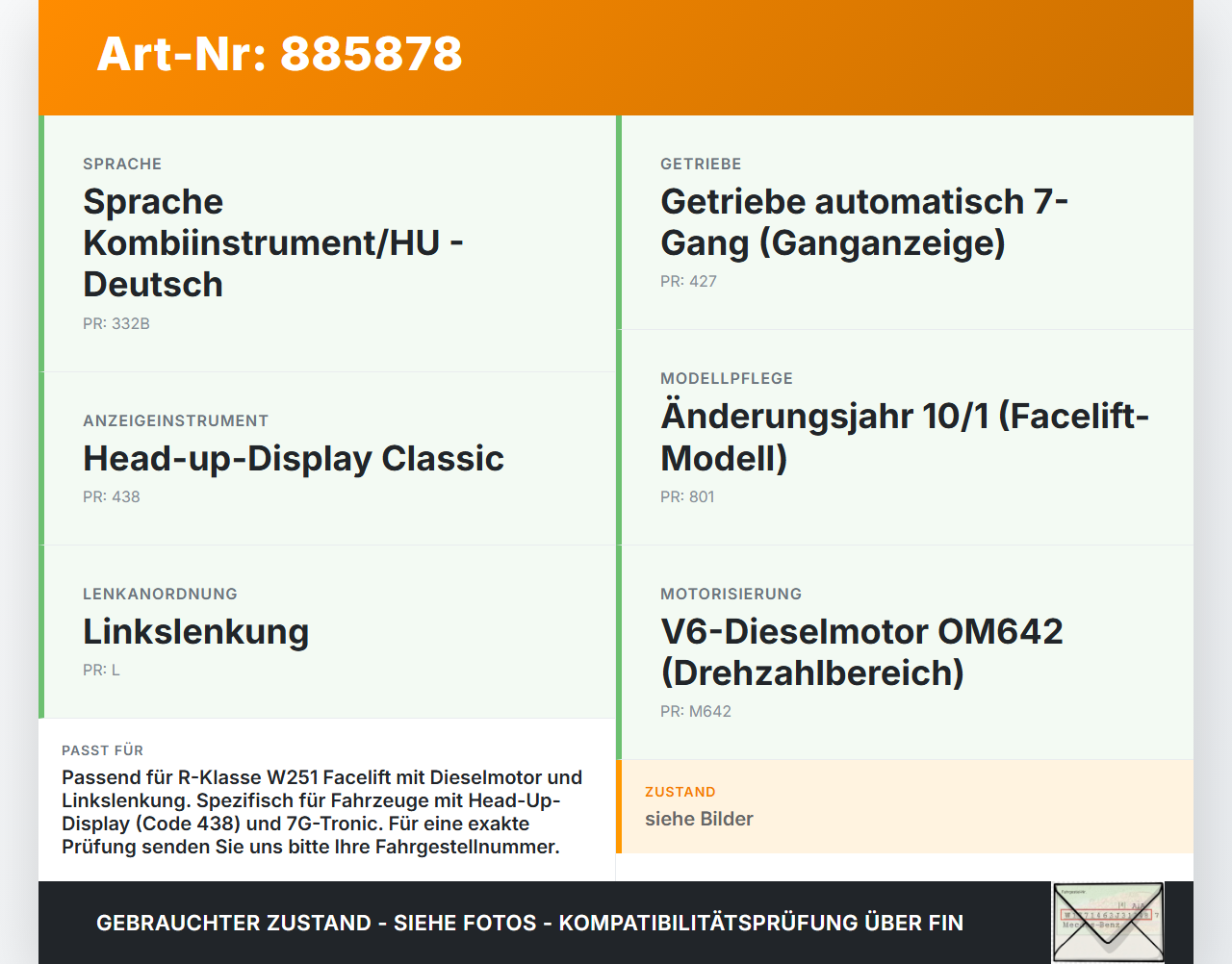 Mercedes W251 R300 10-13 CDI 3,0 140KW Kombiinstrument Tacho Mercedes W251 R300 10-13 24.06.2011 A1649008300... Vorschau 3