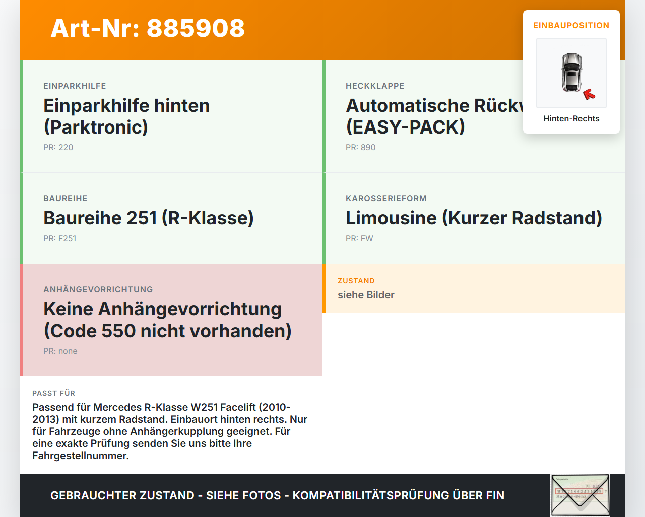 Mercedes W251 R300 10-13 Kurz Träger Pralldämpfer Hinten Rechts Stoßstange Mercedes W251 R300 10-13 24.06.2011... Vorschau 3