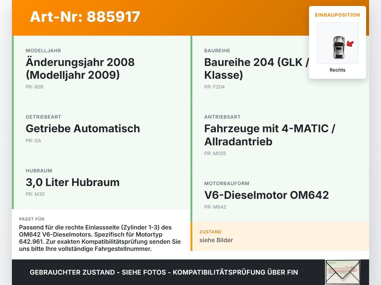 Mercedes GLK X204 320 09-12 CDI 3,0 165KW 642.961 Nockenwelle Einlass Rechts Mercedes GLK X204 320 09-12 04.06.2009... Vorschau 3