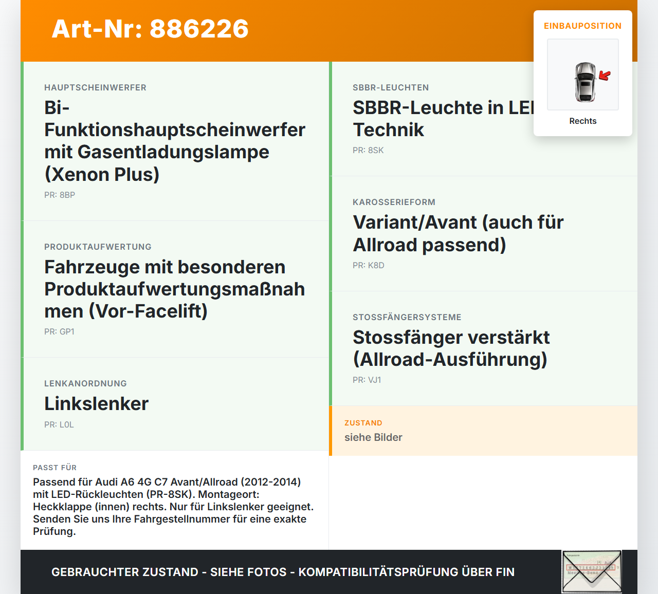 Audi A6 4G C7 Allroad 12-14 Kombi Rückleuchte Heckleuchte für Klappe Rechts Audi A6 4G C7 Allroad 12-14 18.09.2014... Vorschau 3