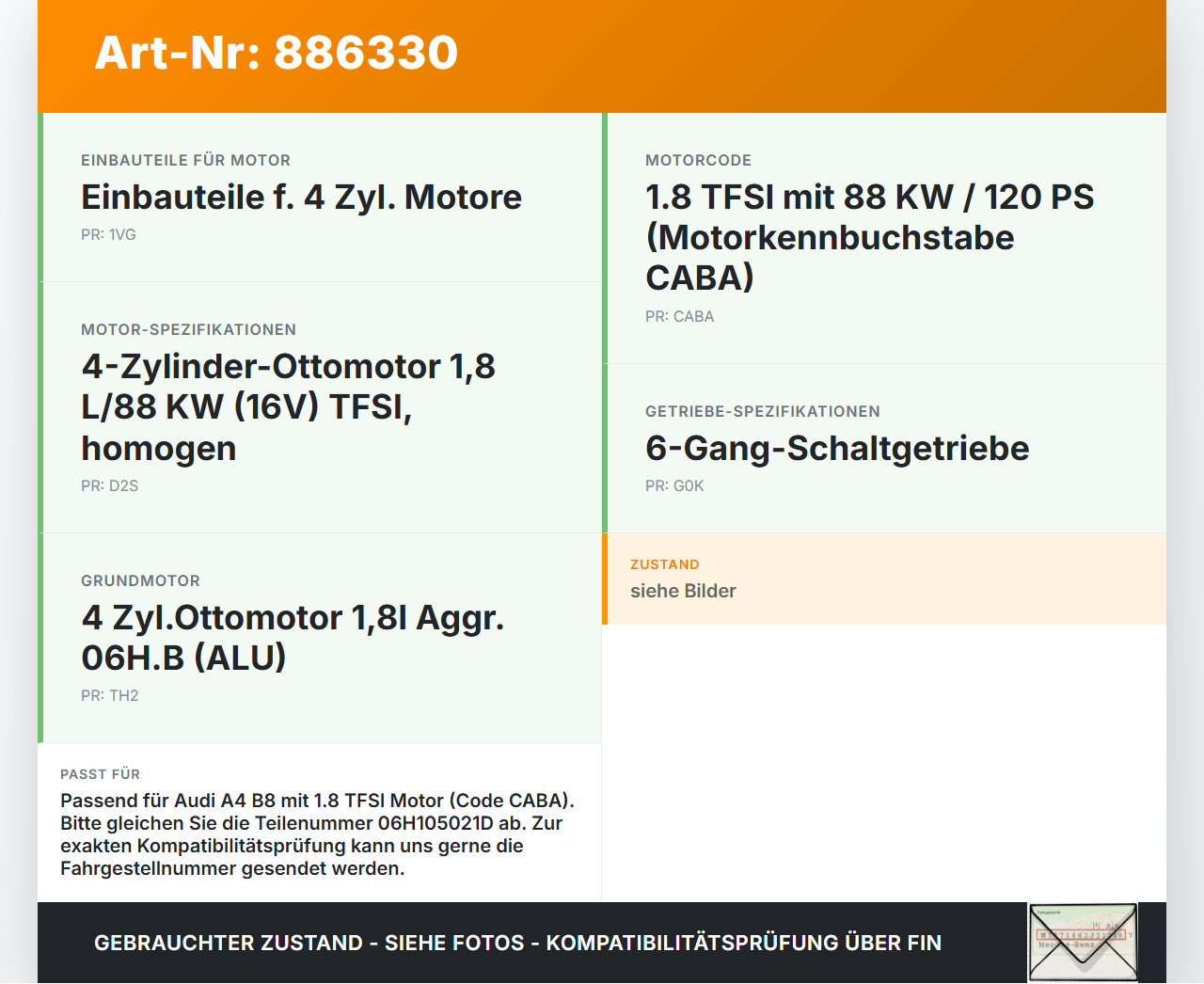 Audi A4 8K B8 07-11 TFSI 1,8 88KW CABA Kurbelwelle Audi A4 8K B8 07-11 07.11.2008 06H105021D gebraucht Vorschau 3