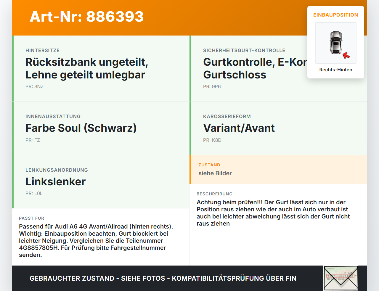 Audi A6 4G C7 Allroad 12-14 Kombi Gurt Sicherheitsgurt Rechts Hinten Audi A6 4G C7 Allroad 12-14 18.09.2014... Vorschau 3