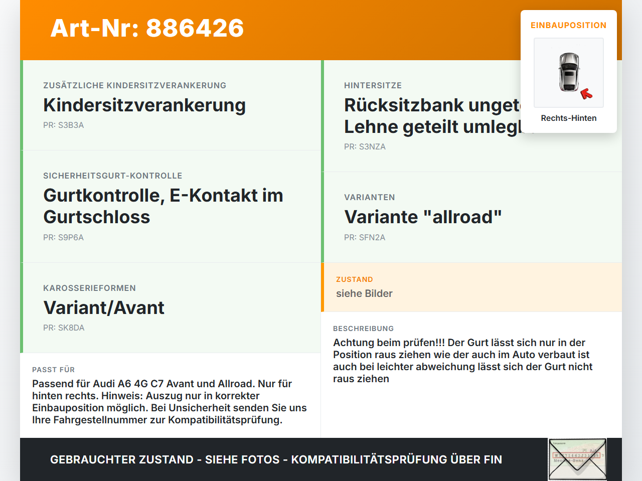 Audi A6 4G C7 Allroad 12-14 Kombi Gurt Sicherheitsgurt Rechts Hinten Audi A6 4G C7 Allroad 12-14 18.09.2014... Vorschau 3