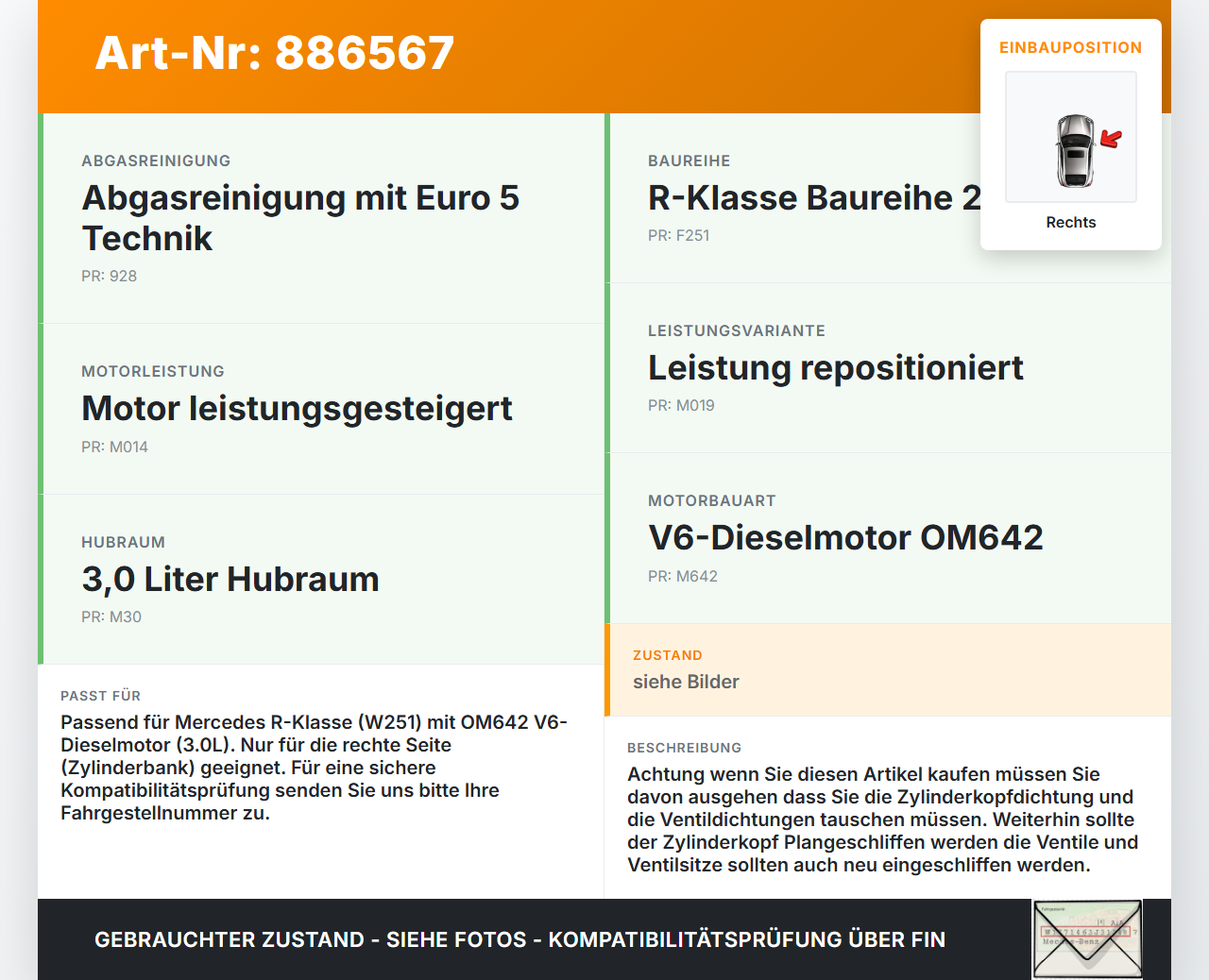 Mercedes W251 R300 10-13 CDI 3,0 140KW 642872 Zylinderkopf Rechts Mercedes W251 R300 10-13 24.06.2011 A6420105820... Vorschau 3