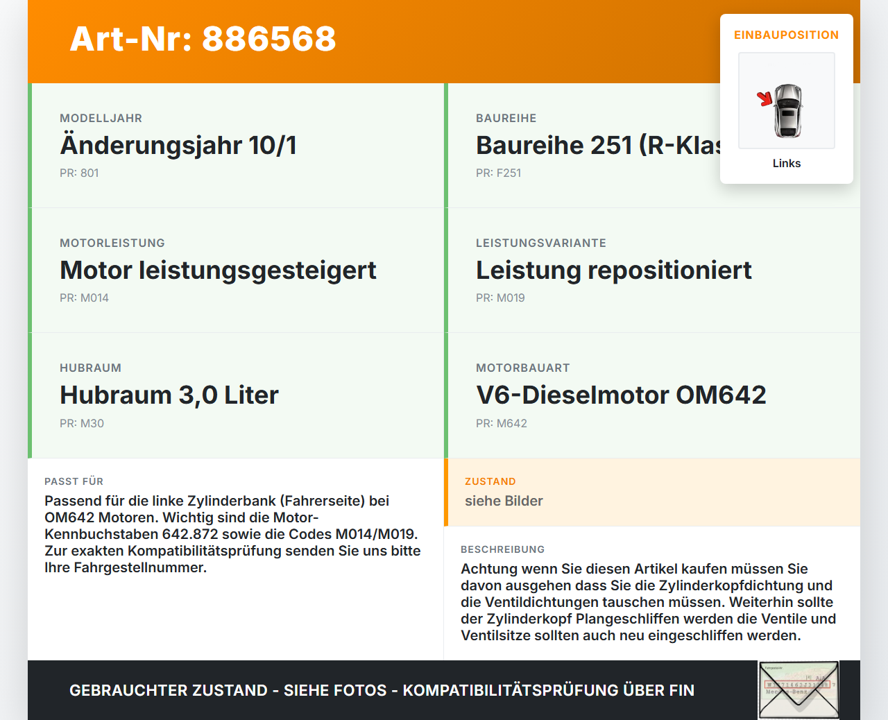 Mercedes W251 R300 10-13 CDI 3,0 140KW 642872 Zylinderkopf Links Mercedes W251 R300 10-13 24.06.2011 A6420105720... Vorschau 3