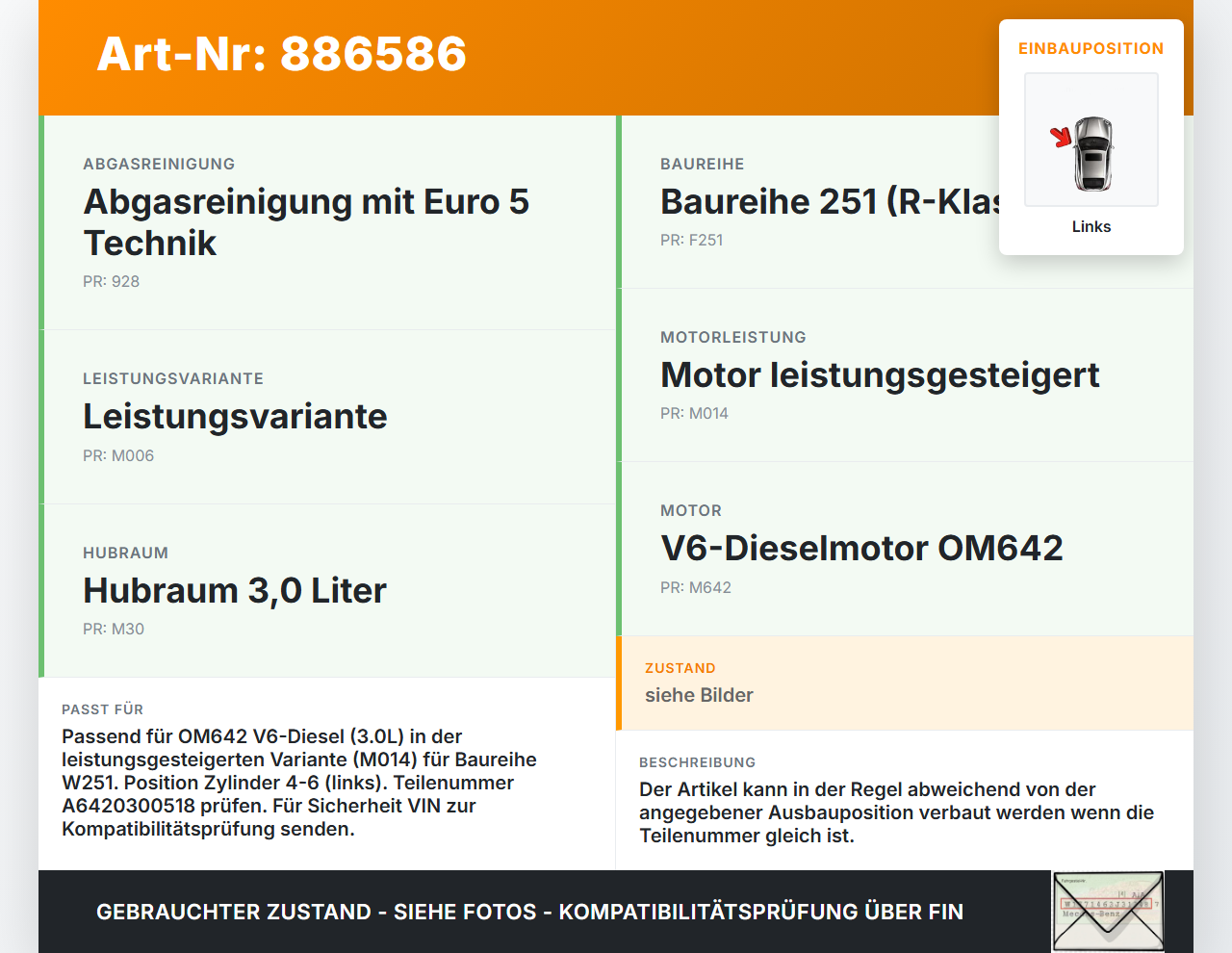 Mercedes W251 R300 10-13 CDI 3,0 140KW 642872 Kolben mit Pleuel Pos C Links 4-6 Mercedes W251 R300 10-13 24.06.2011... Vorschau 3
