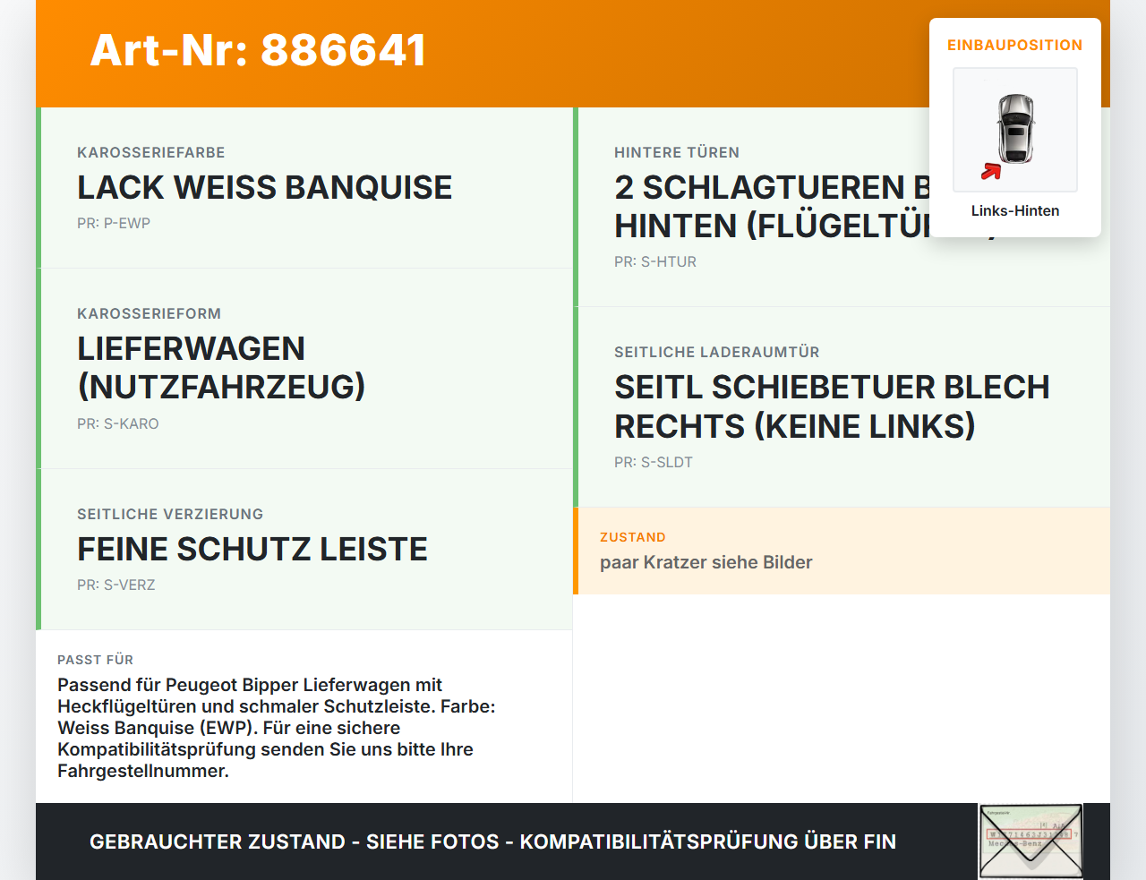 Peugeot Bipper 08-14 Kasten Türleiste Links Hinten Aussen EWP Peugeot Bipper 08-14 27.10.2011 1308820070 gebraucht Vorschau 3
