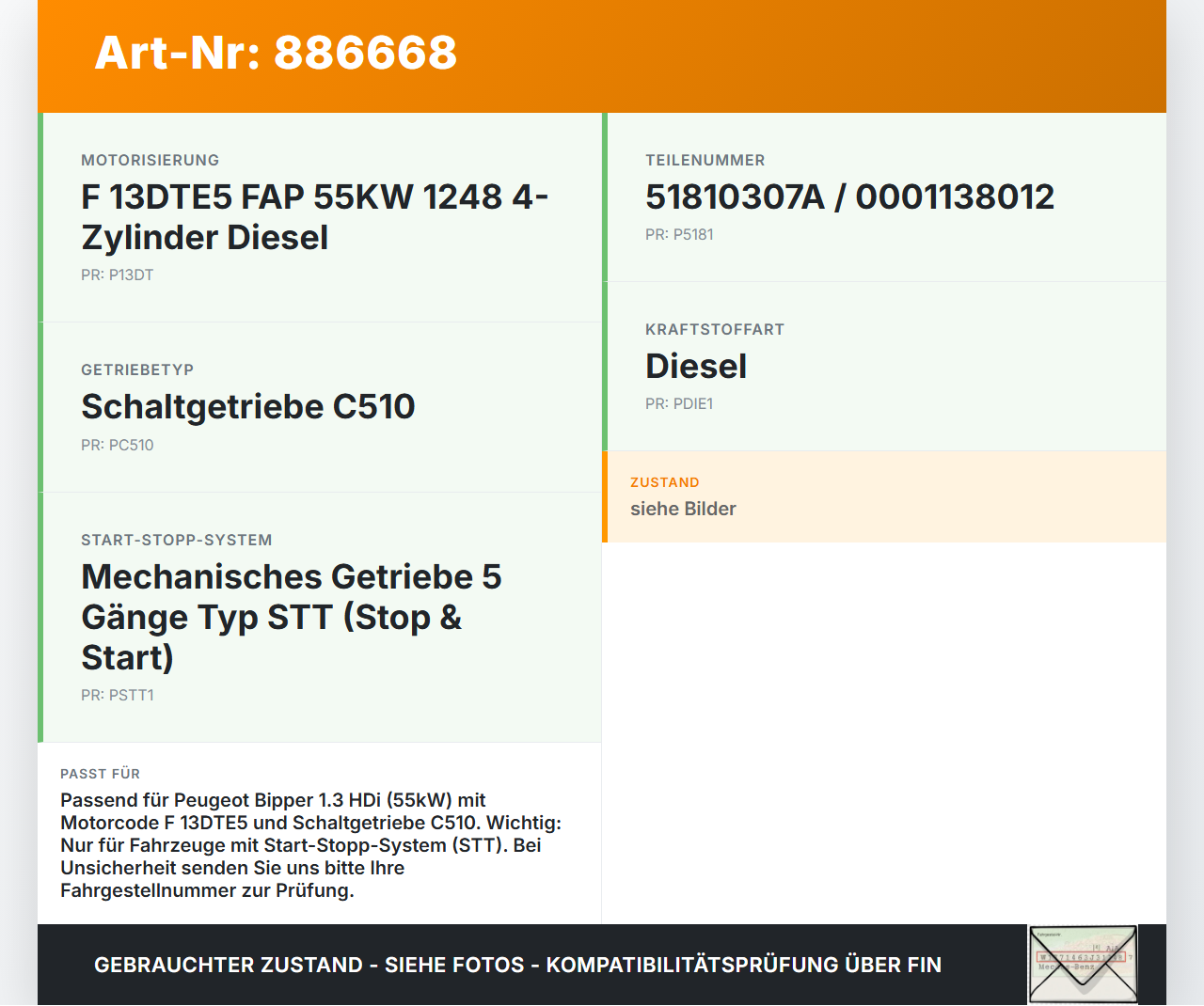 Peugeot Bipper 08-14 HDi 75 1,3 55KW Anlasser Starter Peugeot Bipper 08-14 27.10.2011 51810307A 0001138012 gebraucht Vorschau 3