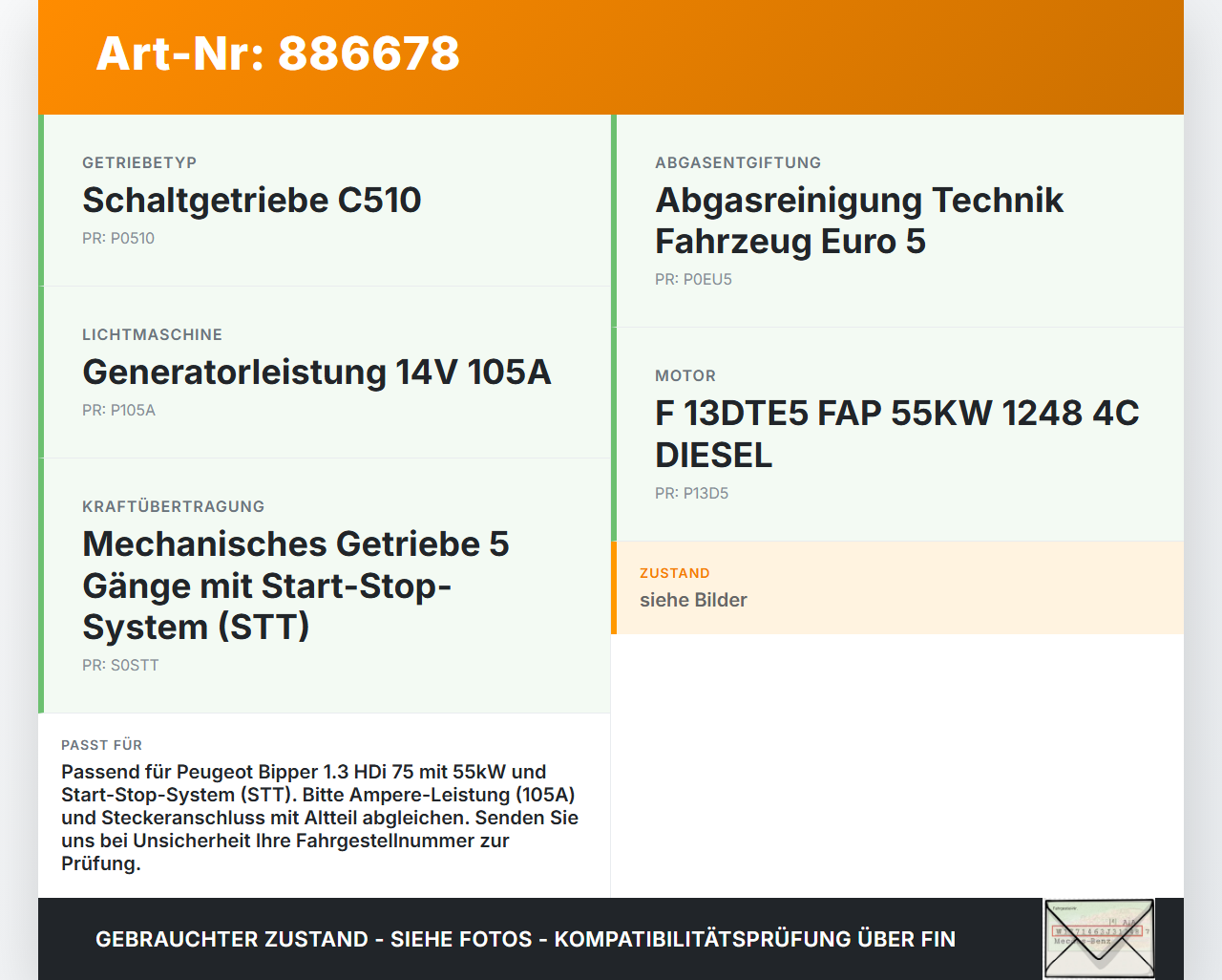 Peugeot Bipper 08-14 HDi 75 1,3 55KW Lichtmaschine Generator 14V 105A Peugeot Bipper 08-14 27.10.2011 5705NY... Vorschau 3