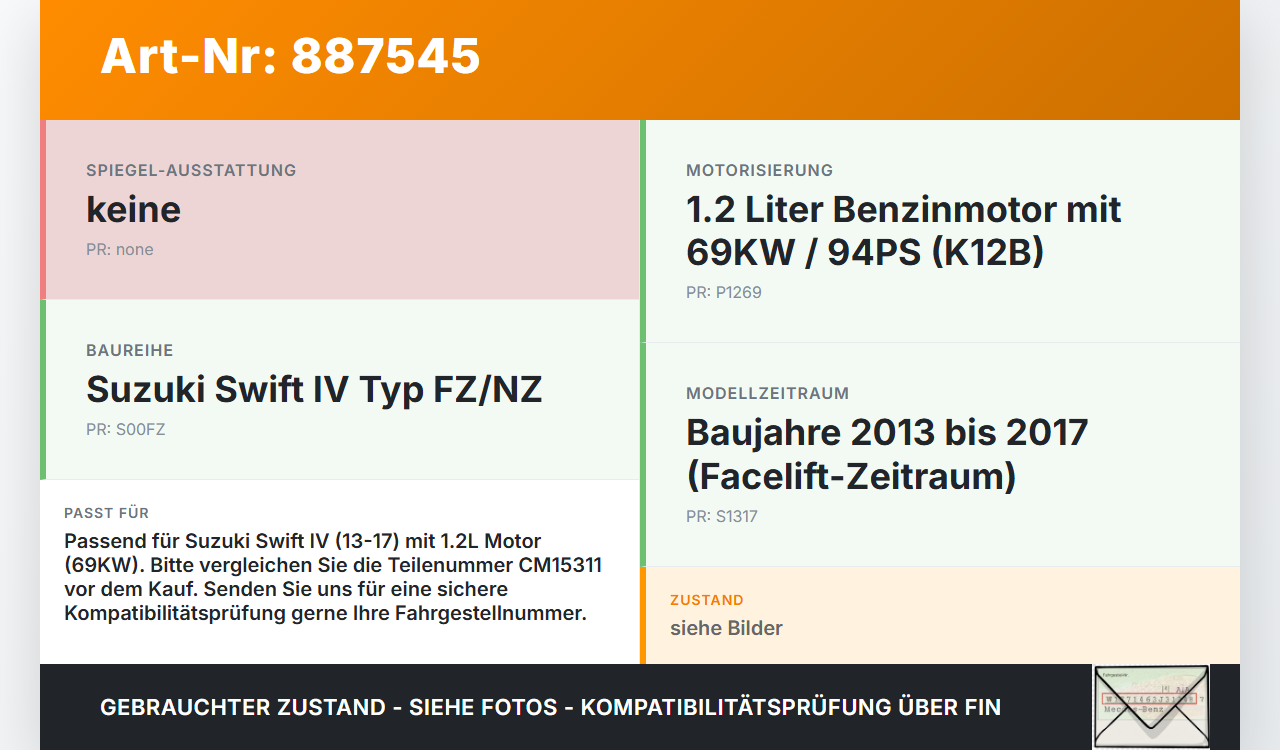 Suzuki Swift IV 13-17 1,2 69KW Sensor Sonstiger Suzuki Swift IV 13-17 23.12.2015 CM15311 gebraucht Vorschau 3