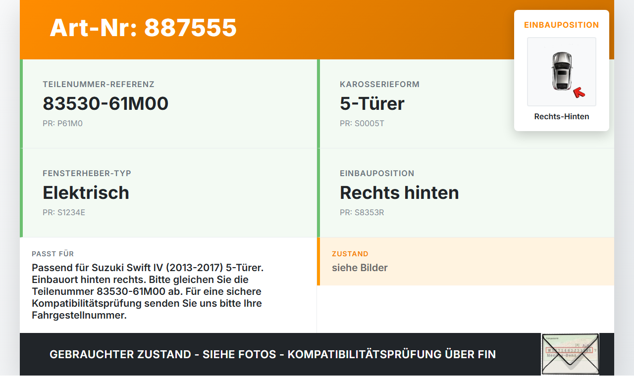 Suzuki Swift IV 13-17 5T Fensterhebermotor mit Fensterheber Rechts Hinten Suzuki Swift IV 13-17 23.12.2015... Vorschau 3