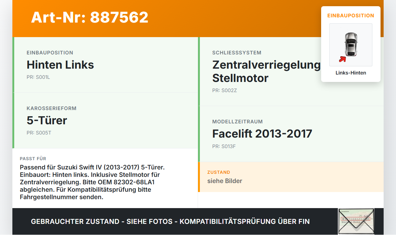 Suzuki Swift IV 13-17 5T Türschloss m. ZV Stellmotor Links Hinten Suzuki Swift IV 13-17 23.12.2015 82302-68LA1 gebraucht Vorschau 3