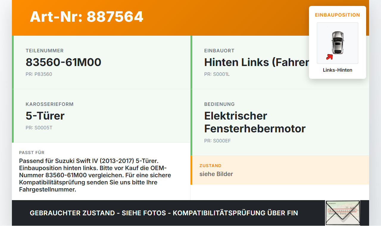 Suzuki Swift IV 13-17 5T Fensterhebermotor mit Fensterheber Links Hinten Suzuki Swift IV 13-17 23.12.2015... Vorschau 3