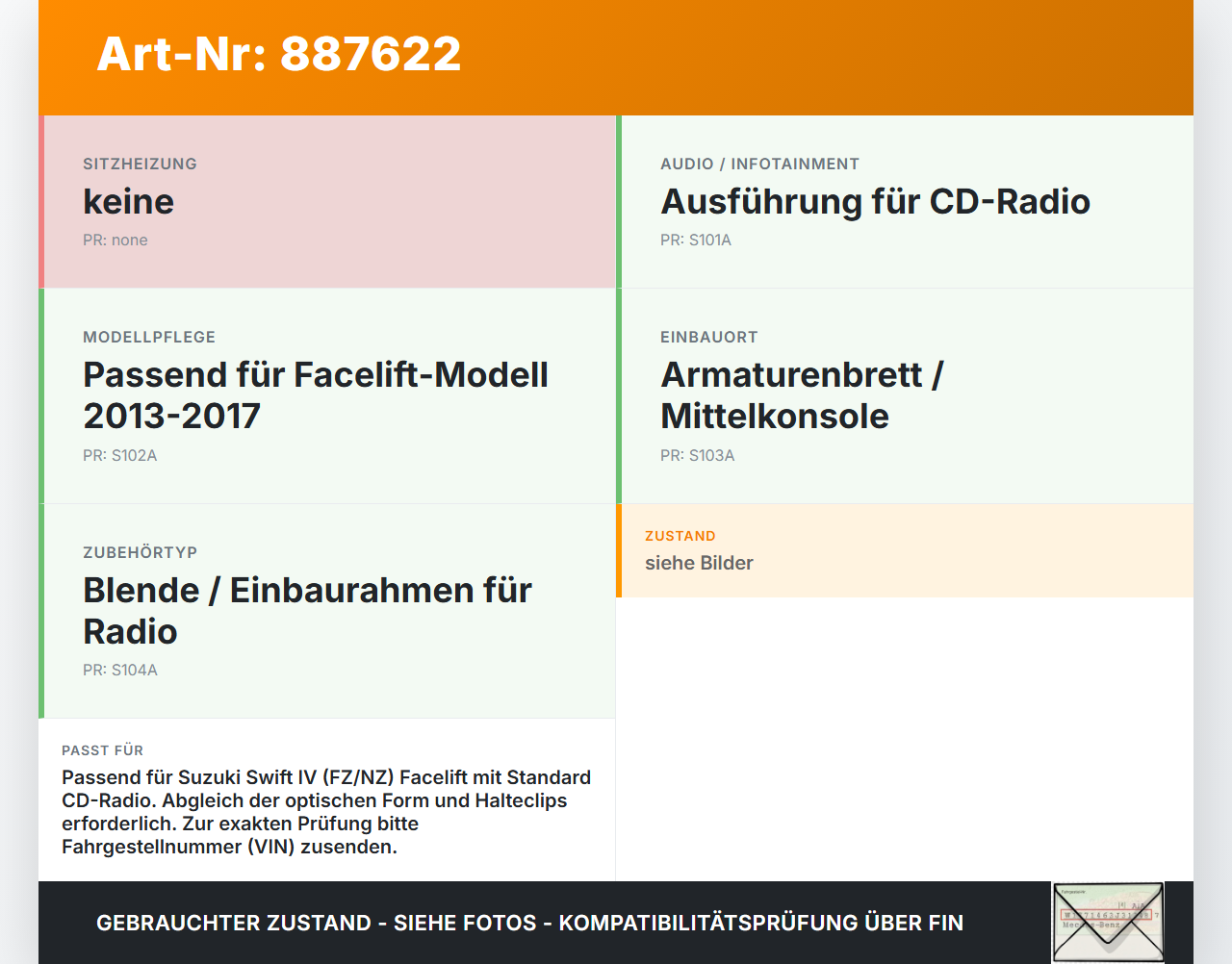 Suzuki Swift IV 13-17 Blende Einbaurahmen Suzuki Swift IV 13-17 23.12.2015 gebraucht Vorschau 3