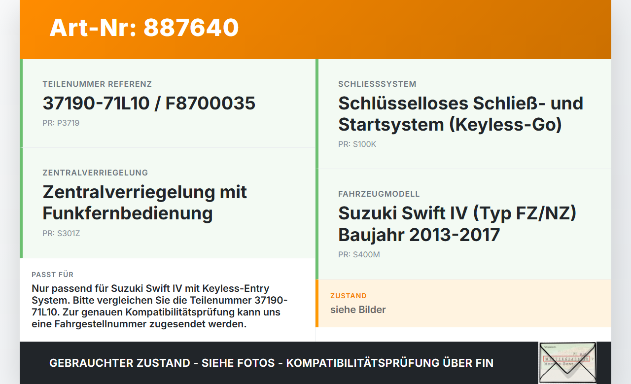 Suzuki Swift IV 13-17 Relais Receiver Keyless Suzuki Swift IV 13-17 23.12.2015 37190-71L10 F8700035 gebraucht Vorschau 3