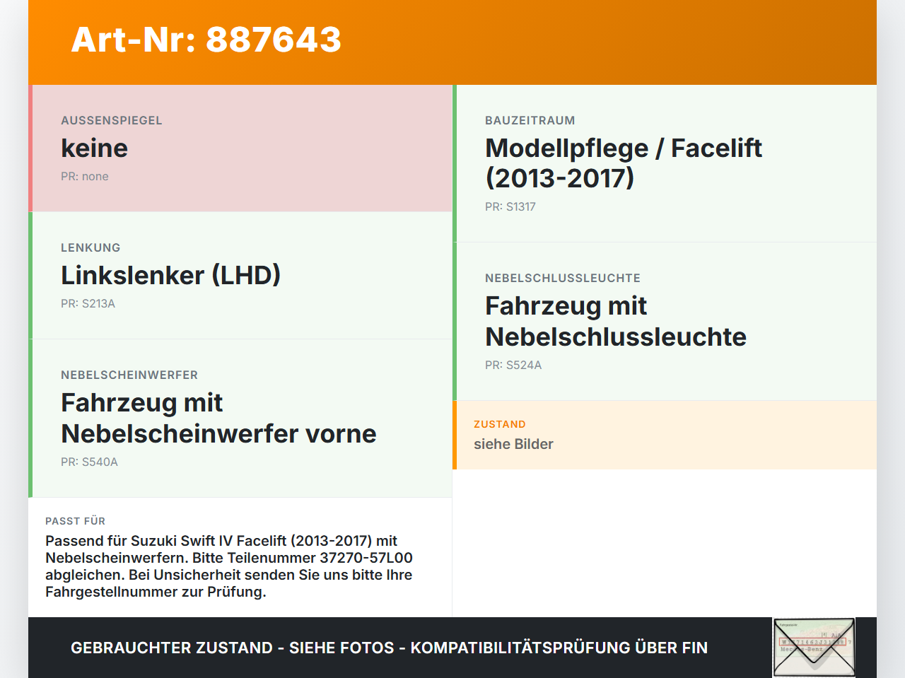 Suzuki Swift IV 13-17 Schalter für Nebelscheinwerfer Suzuki Swift IV 13-17 23.12.2015 37270-57L00 68L00-84M00... Vorschau 3