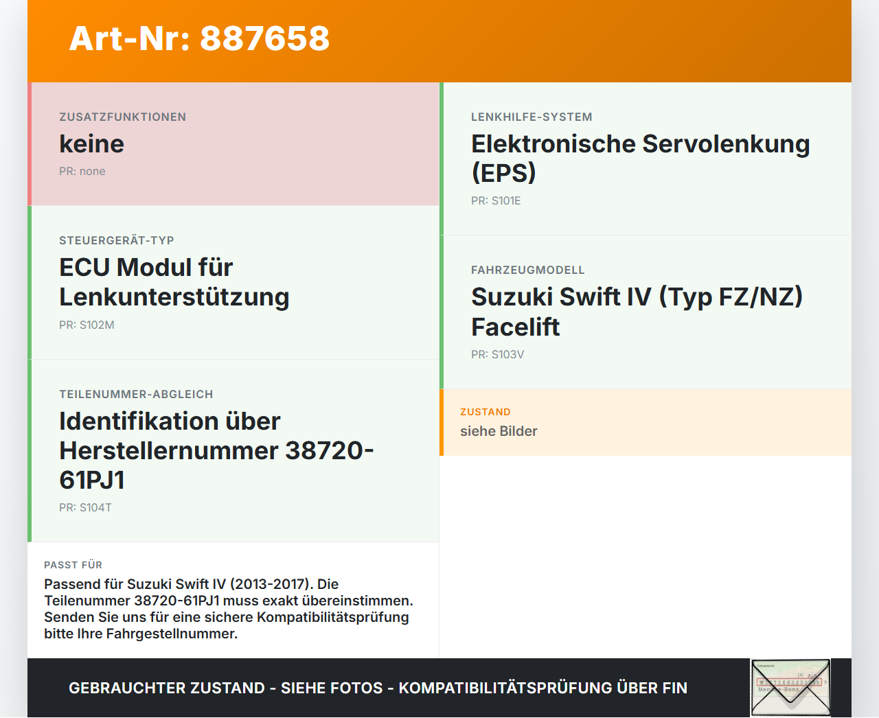 Suzuki Swift IV 13-17 Steuergerät ECU Modul für Lenkhilfe Suzuki Swift IV 13-17 23.12.2015 38720-61PJ1 gebraucht Vorschau 3