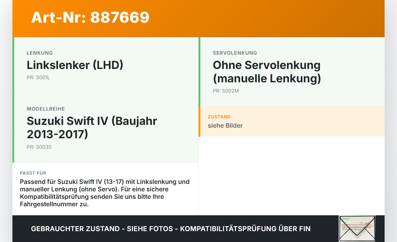 Suzuki Swift IV 13-17 Lenkgetriebe ohne Servolenkung Suzuki Swift IV 13-17 23.12.2015 513-07361 gebraucht Vorschau 3