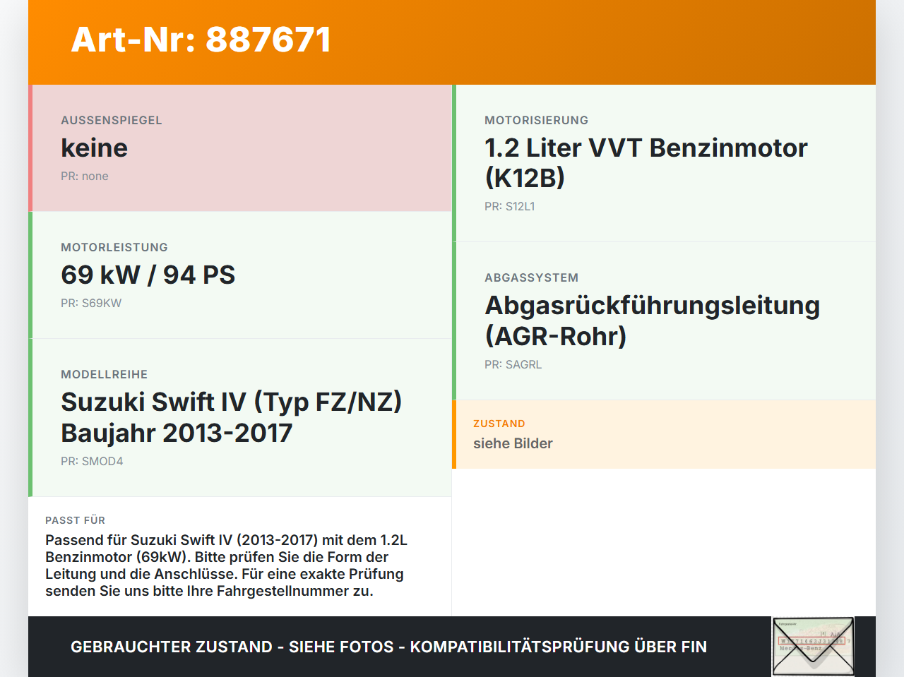 Suzuki Swift IV 13-17 1,2 69KW Abgasleitung AGR Rohr Leitung Suzuki Swift IV 13-17 23.12.2015 gebraucht Vorschau 3