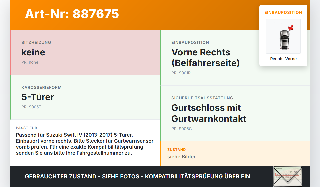 Suzuki Swift IV 13-17 5T Gurtschloss Rechts Vorne Suzuki Swift IV 13-17 23.12.2015 gebraucht Vorschau 3