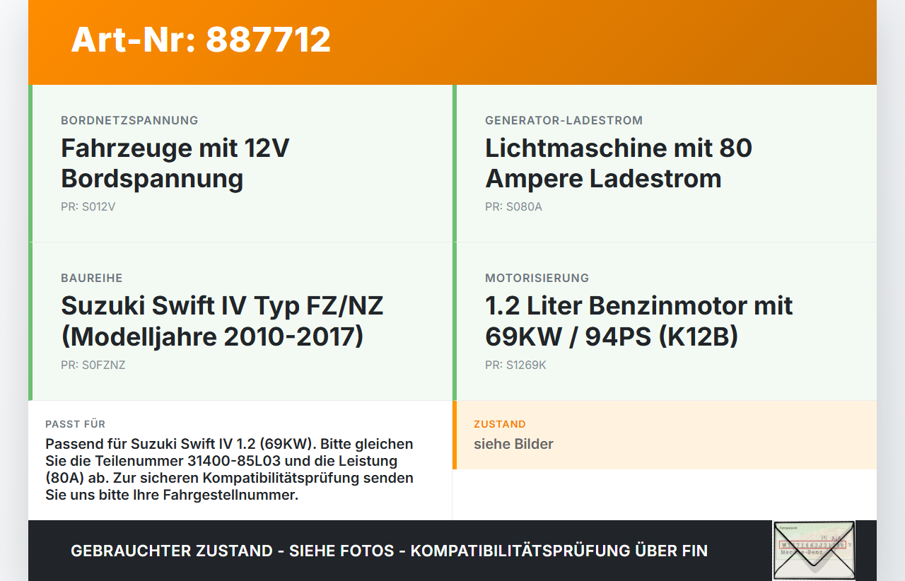 Suzuki Swift IV 13-17 1,2 69KW Lichtmaschine Generator 80A 12V Suzuki Swift IV 13-17 23.12.2015 31400-85L03... Vorschau 3