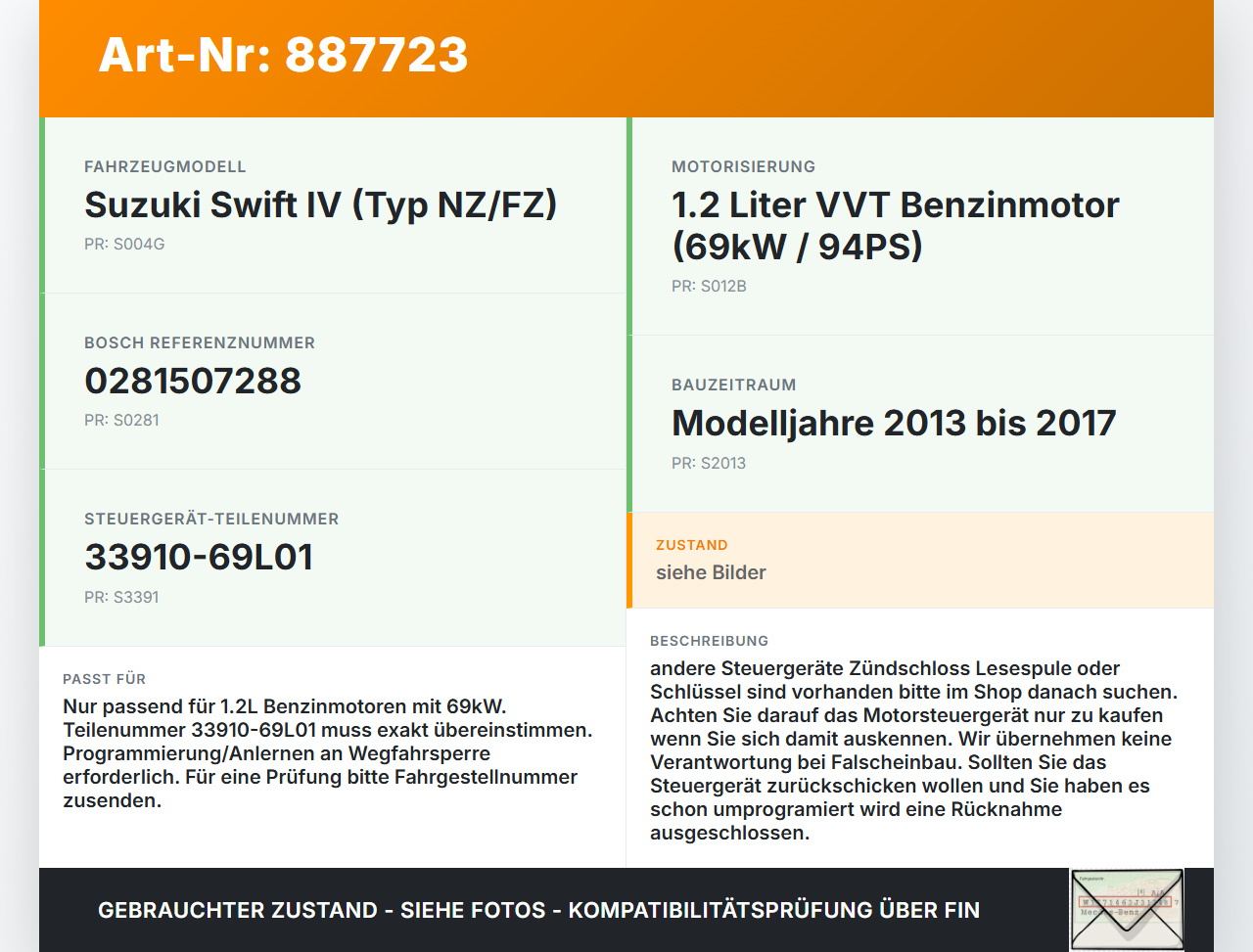 Suzuki Swift IV 13-17 1,2 69KW Steuergerät ECU für Motor Motorsteuergerät Suzuki Swift IV 13-17 23.12.2015... Vorschau 3