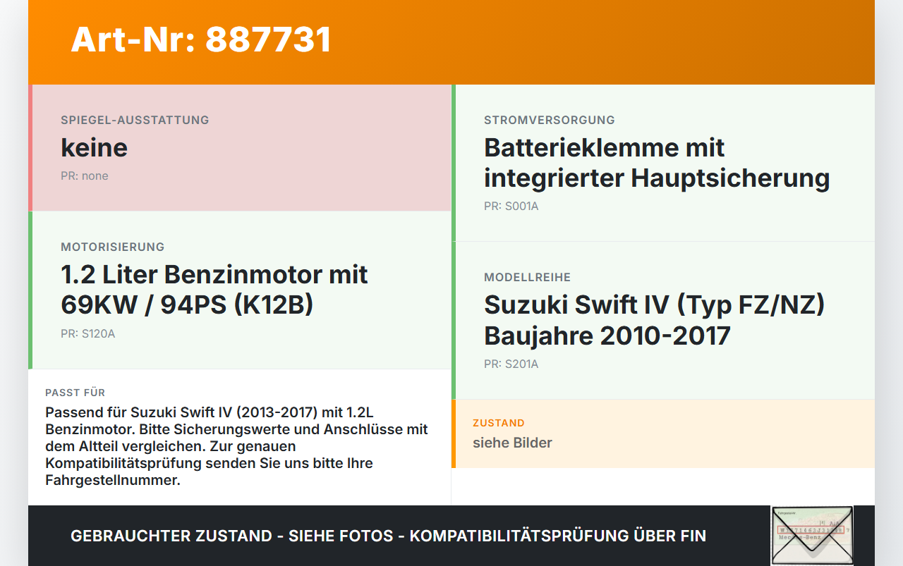 Suzuki Swift IV 13-17 1,2 69KW Batterieklemme Sicherung Suzuki Swift IV 13-17 23.12.2015 gebraucht Vorschau 3
