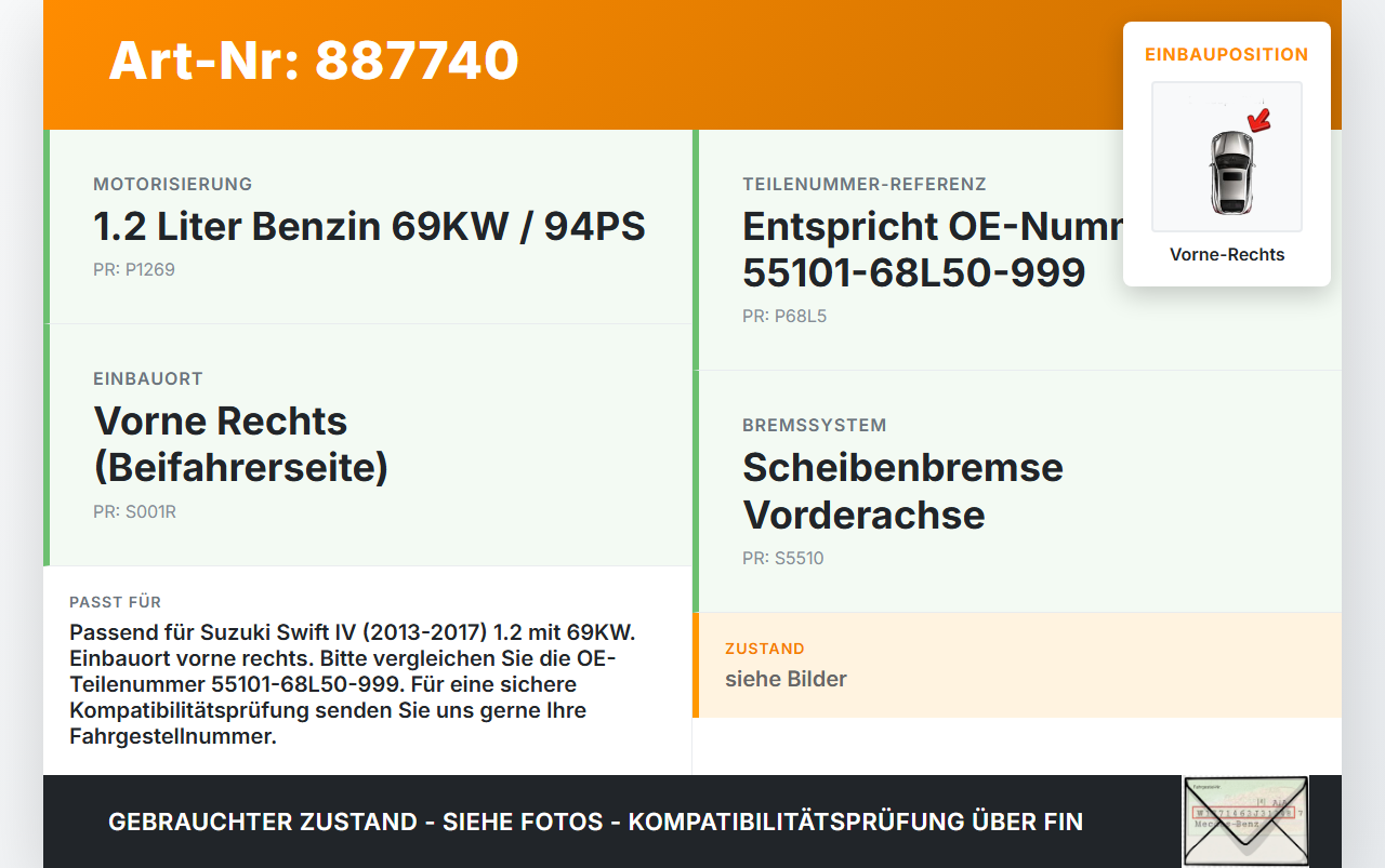 Suzuki Swift IV 13-17 1,2 69KW Bremssattel Bremszange Vorne Rechts Suzuki Swift IV 13-17 23.12.2015 55101-68L50-999... Vorschau 3