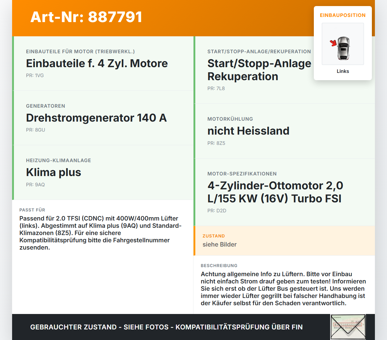 Audi A5 8TA 07-11 TFSI 2,0 155KW Lüfter Ventilator f. Kühler Links Audi A5 8TA 07-11 06.01.2010 EM1241-993454J-B... Vorschau 3