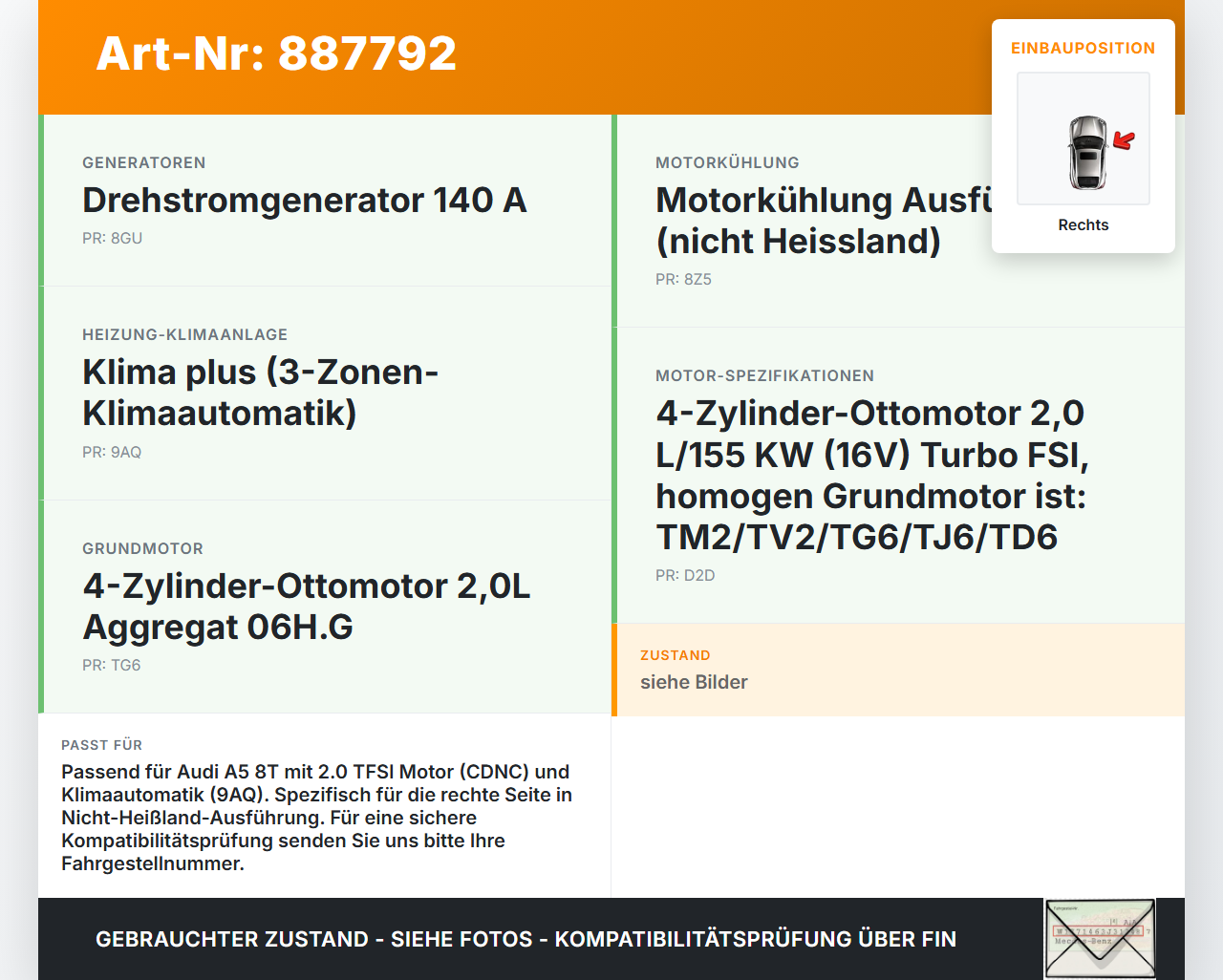 Audi A5 8TA 07-11 TFSI 2,0 155KW Lüfter Ventilator f. Kühler Rechts Audi A5 8TA 07-11 06.01.2010 8K0098301A gebraucht Vorschau 3
