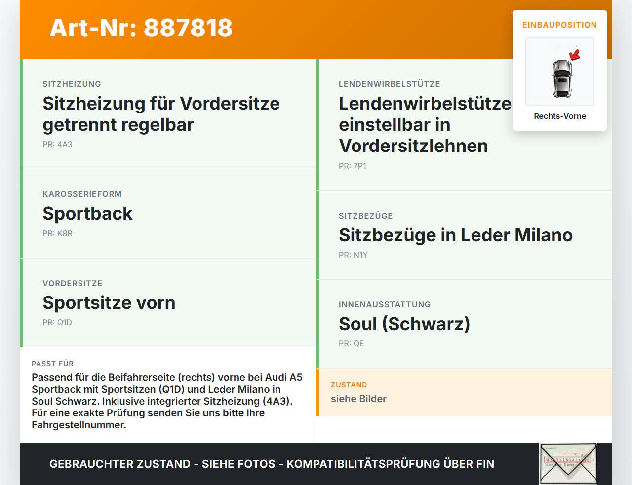 Audi A5 8TA 07-11 5T Sitzbezug Rückenpolster Rechts Vorne für Beifahrer Sitz beheizt Leder Soul Schwarz 25D Audi A5... Vorschau 3
