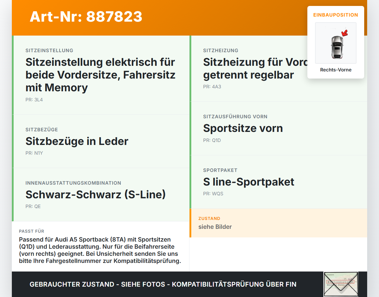 Audi A5 8TA 07-11 5T Kopfstütze für Beifahrer Sitz Rechts Vorne Audi A5 8TA 07-11 06.01.2010 8T0885973F gebraucht Vorschau 3