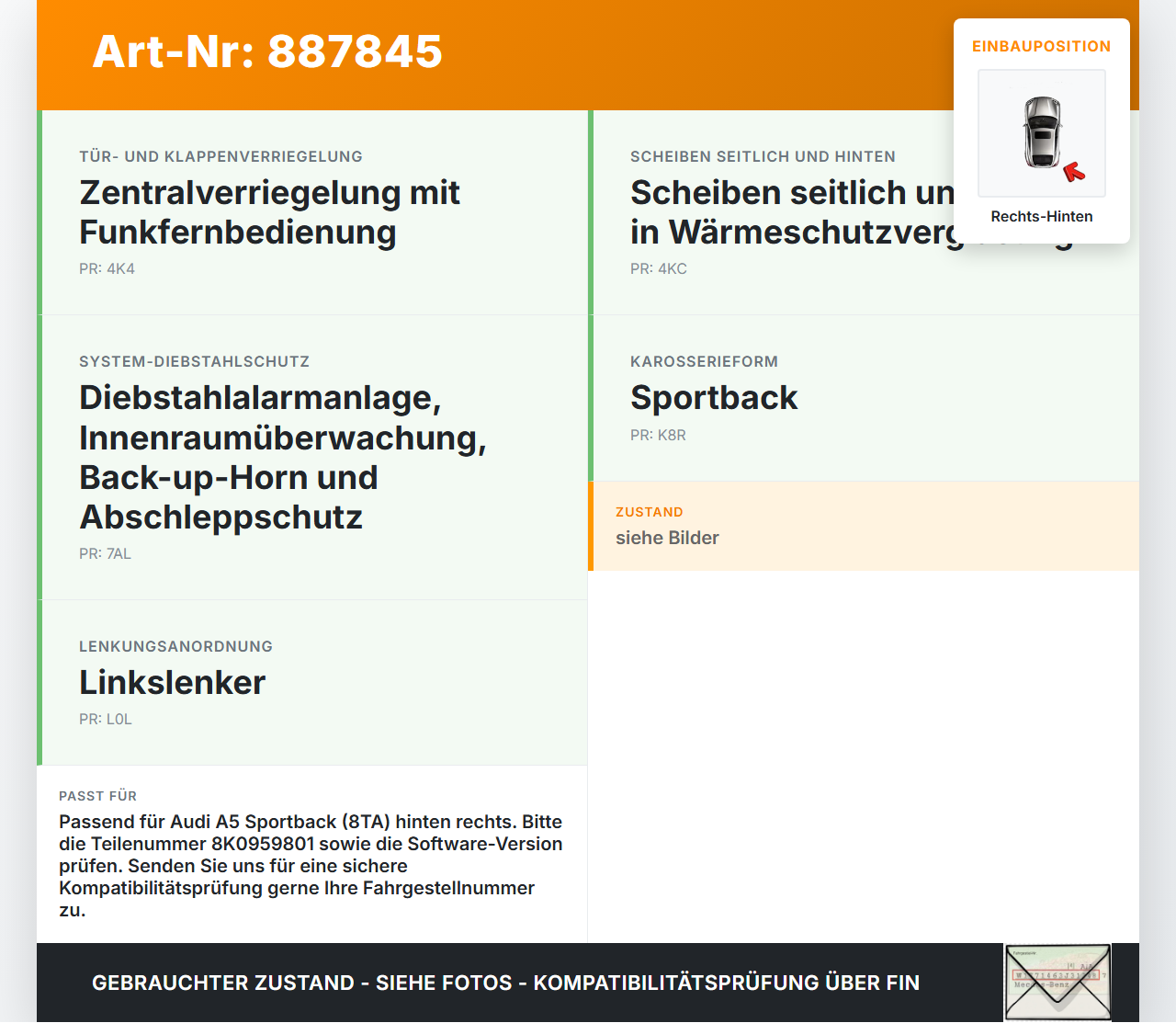 Audi A5 8TA 07-11 5T Fensterhebermotor Rechts Hinten Audi A5 8TA 07-11 06.01.2010 8T0959802A 966935-100... Vorschau 3