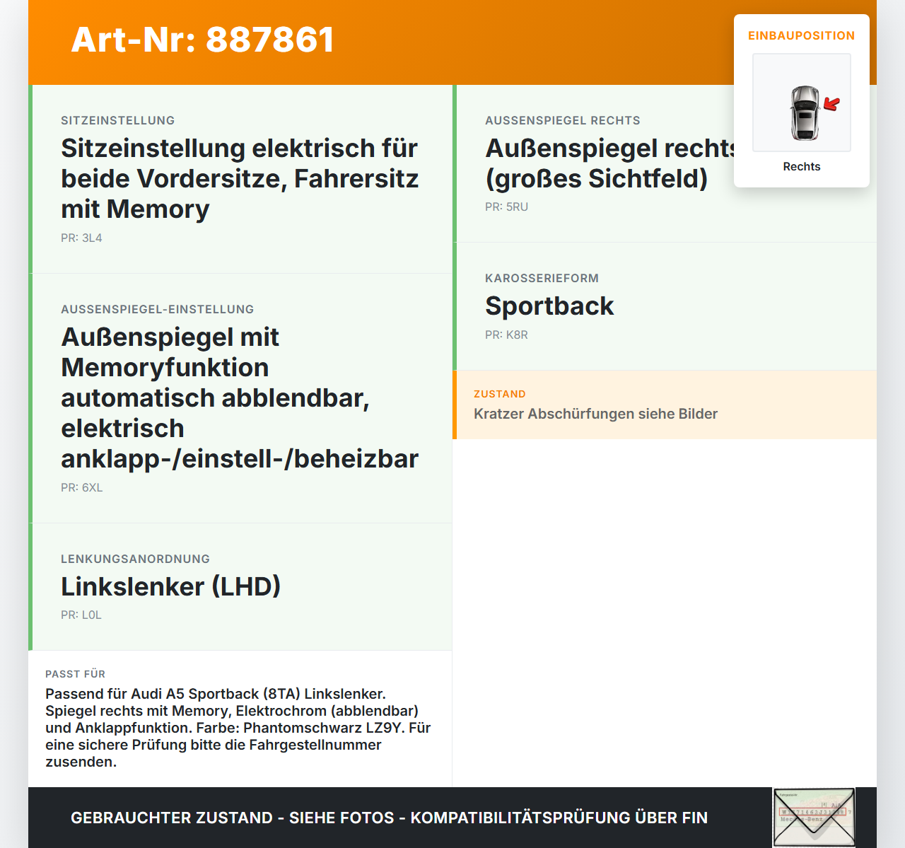 Audi A5 8TA 07-11 Spiegel Aussenspiegel Rechts Elektrochrom LZ9Y Audi A5 8TA 07-11 06.01.2010 602114198 8T8971030AD... Vorschau 3
