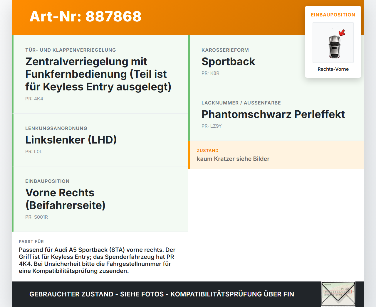 Audi A5 8TA 07-11 5T Türgriff Griff aussen Rechts Vorne Keyless Entry LZ9Y Audi A5 8TA 07-11 06.01.2010 gebraucht Vorschau 3