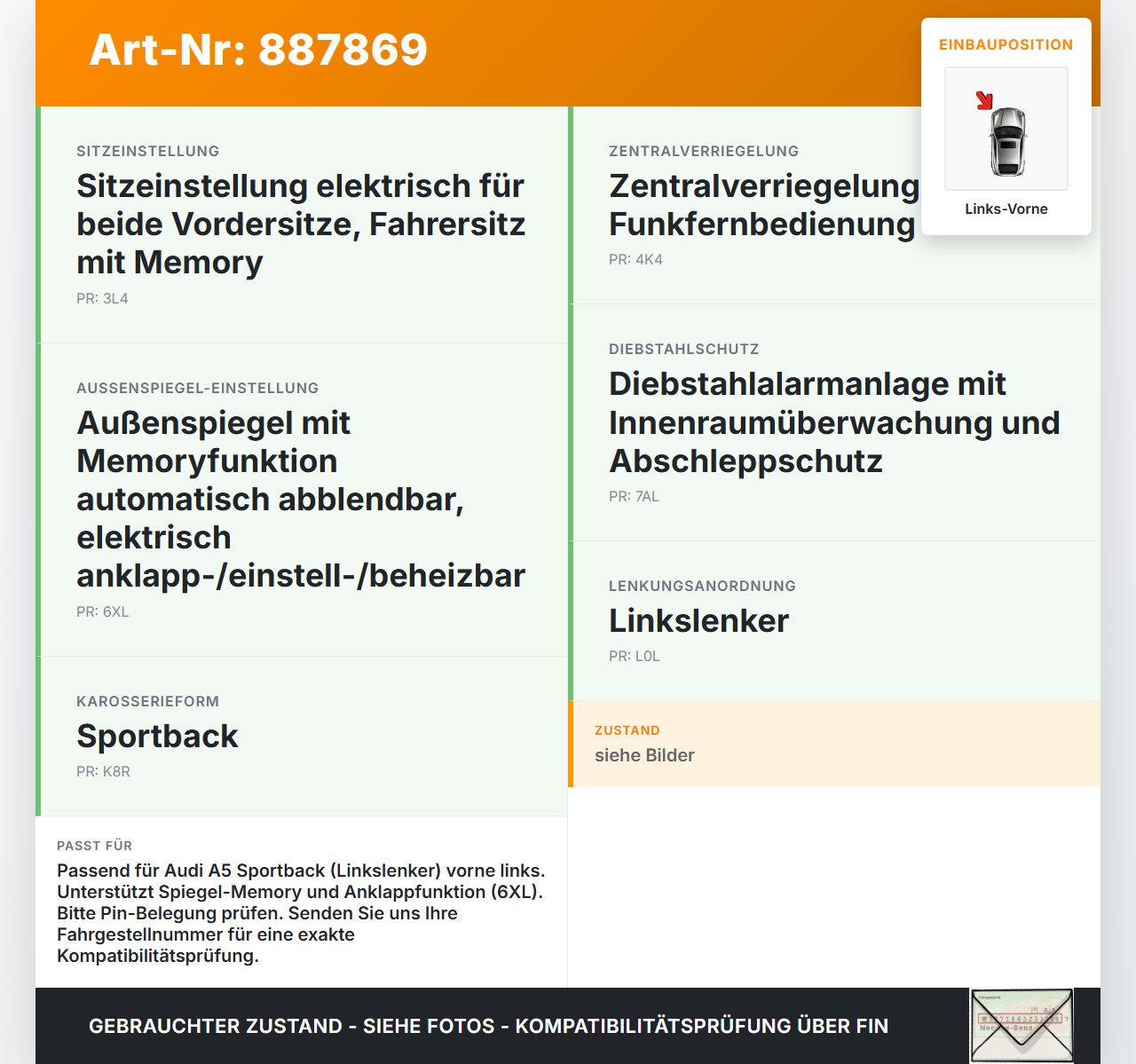 Audi A5 8TA 07-11 5T Fensterhebermotor Links Vorne Audi A5 8TA 07-11 06.01.2010 8T0959801A 965576-100 8K0959801... Vorschau 3