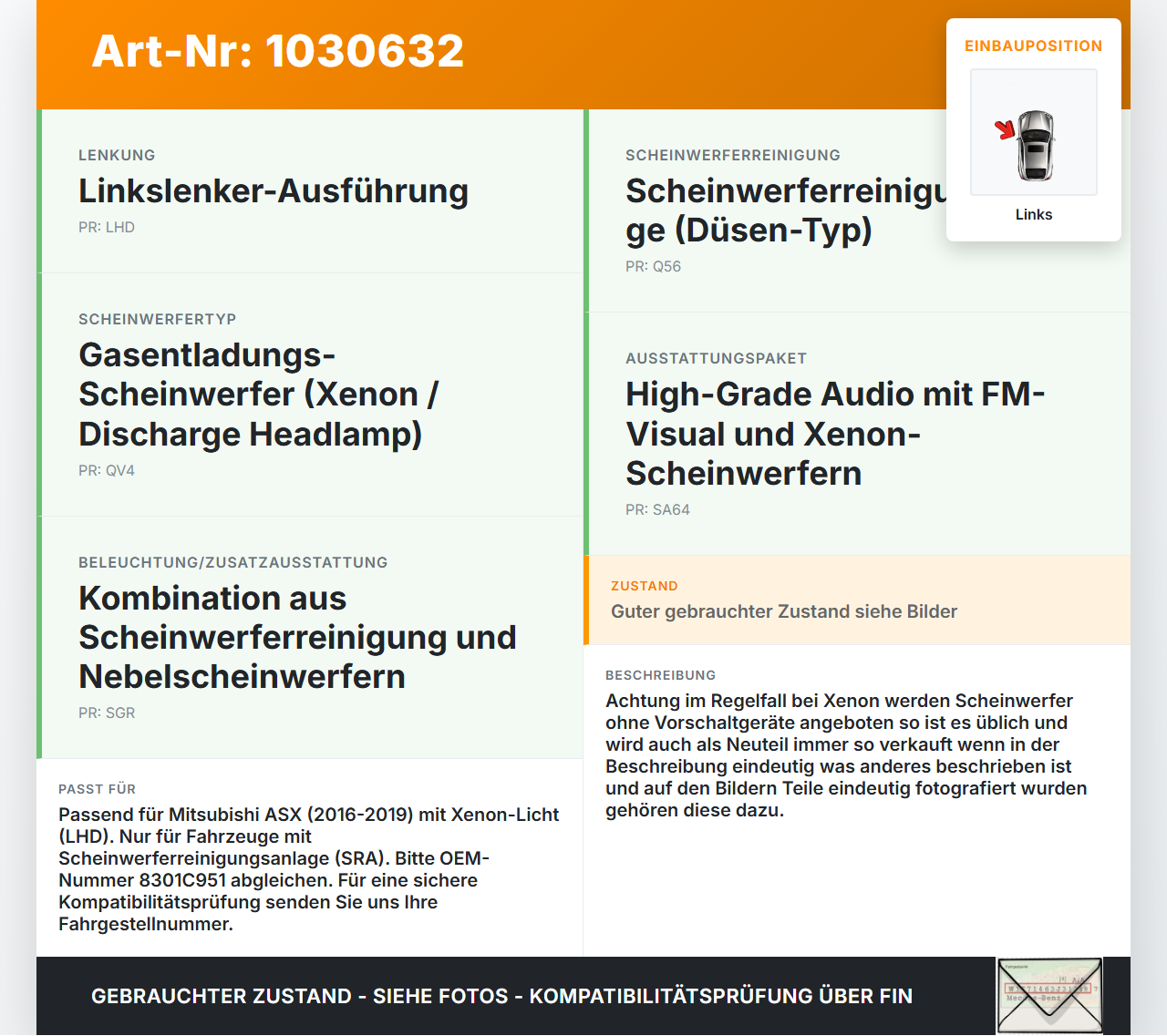 Mitsubishi ASX GAW 16-19 Xenon Scheinwerfer Frontscheinwerfer Links Mitsubishi ASX GAW 16-19 15.09.2017 8301C951... Vorschau 3