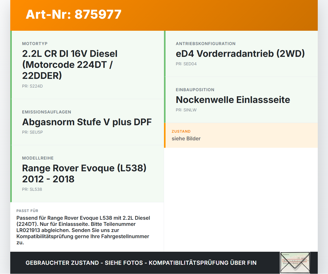 Range Rover Evoque L538 11-15 eD4 2,2 110KW 224DT 22DDER Nockenwelle Einlass Range Rover Evoque L538 11-15... Vorschau 3